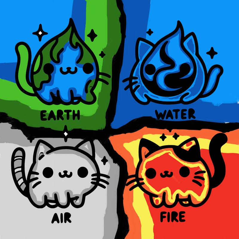 4 cats that represent the different elements, earth, water, air, and fire