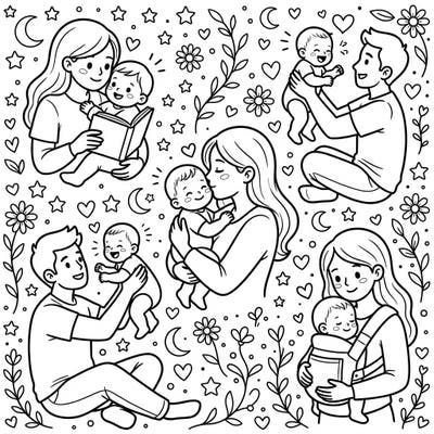 Celebrate the tender bond between babies and parents with this comforting coloring page, specially designed for seniors. Its large print and clear outlines make it an ideal, relaxing activity for cognitive stimulation and creative joy.