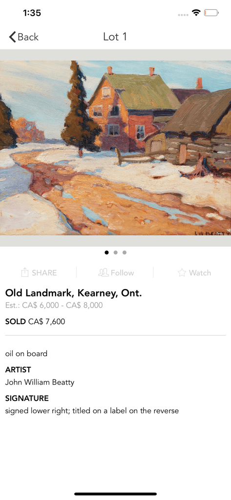 Cowley Abbott - A screenshot of the Cowley Abbott app displaying a sold painting by John William Beatty titled Old Landmark Kearney Ont.