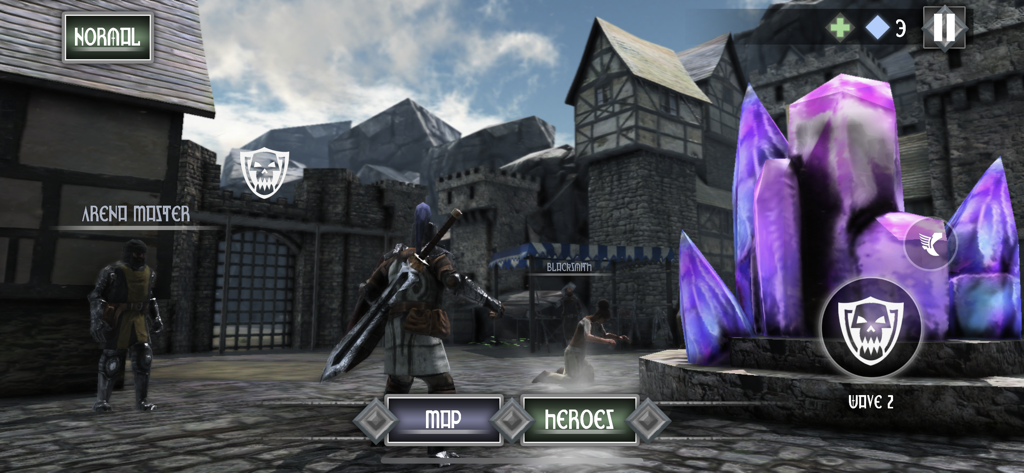 Heroes and Castles 2 - Una perspectiva en tercera persona de un caballero de pie en el patio de un castillo medieval con grandes cristales púrpuras y un herrero al fondo