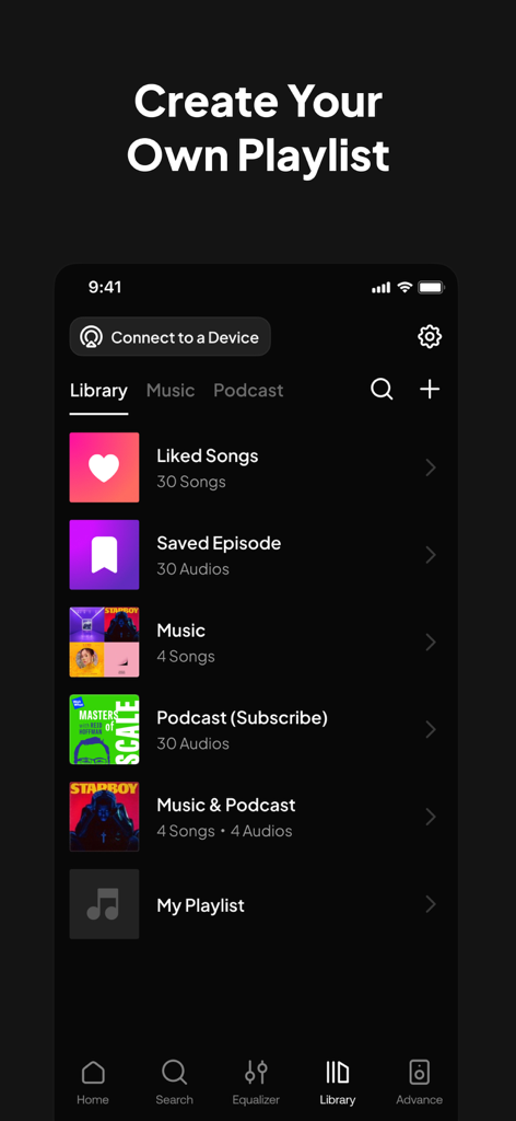 Speaker & Headphones Connect - Una pantalla de smartphone que muestra la sección Biblioteca de la aplicación Speaker and Headphones Connect con opciones de Canciones favoritas, Episodios guardados y creación de una nueva lista de reproducción.