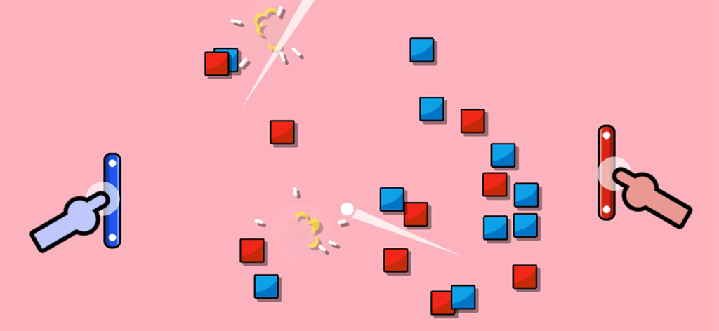 PKKP:2 Player Party Game - Minijuego de romper ladrillos para dos jugadores con paletas azules y rojas sobre un fondo rosa.