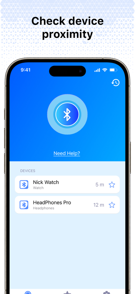 Find My: Air Headphone Phone - Interface of a Bluetooth tracking app showing the proximity and distance to a smartwatch and headphones