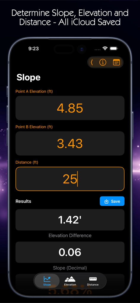 Slope Calculator - Die Benutzeroberfläche der Slope Calculator App zeigt die Eingabe von Höhenpunkten und die berechneten Ergebnisse auf einem iPhone an
