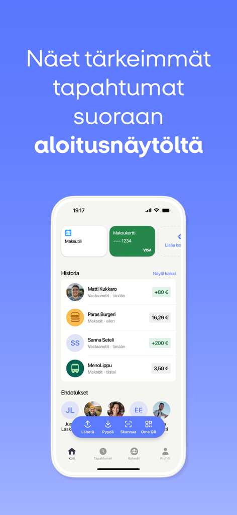 MobilePay app interface showing recent transactions and payment features on the home screen.