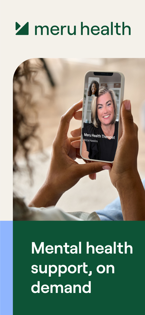 Meru Health - Persona usando la app Meru Health para una videollamada con un terapeuta