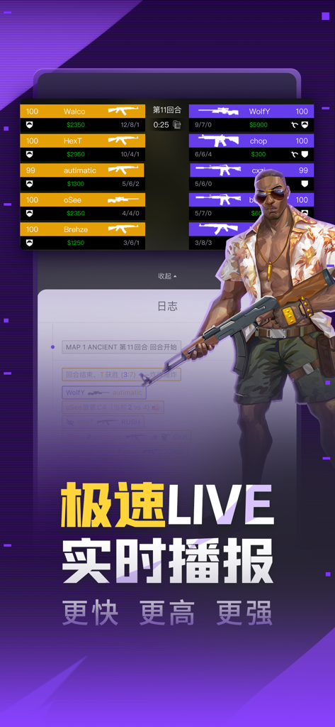 Ein Live-Spielstand für ein E-Sport-Spiel mit Echtzeit-Spielerstatistiken und Charakter-Grafiken in der 5EPlay-App