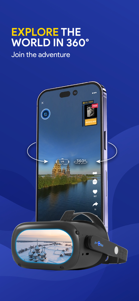 VUZ: Live 360 VR Videos - A smartphone and VR headset displaying immersive 360 degree video content of a travel destination