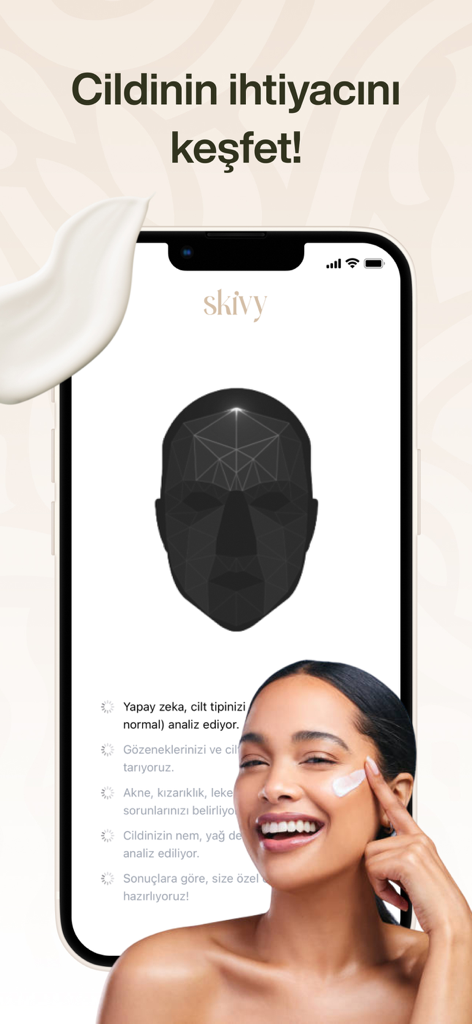 Skivy: AI Cilt Bakımı - Interfaz de la aplicación móvil Skivy mostrando un escaneo facial geométrico para análisis de piel con IA y una mujer aplicándose crema facial