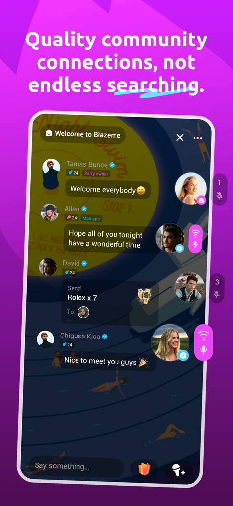 Interfaccia di chat vocale di gruppo dell'app BlazeMe con utenti attivi e messaggi.