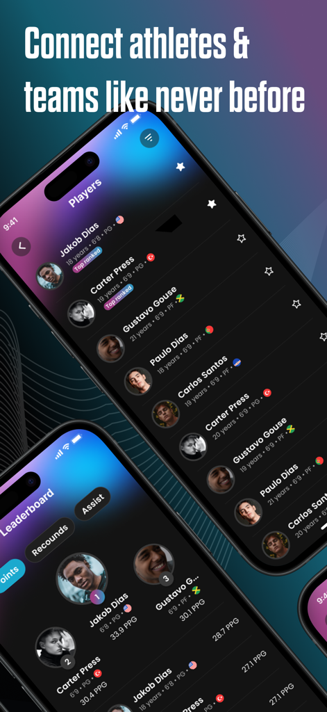 Scoutz App - Mobile app interface of Scoutz showing a list of basketball players and a points leaderboard with athlete statistics
