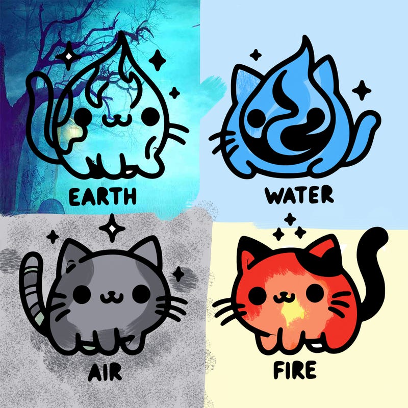 4 cats that represent the different elements, earth, water, air, and fire