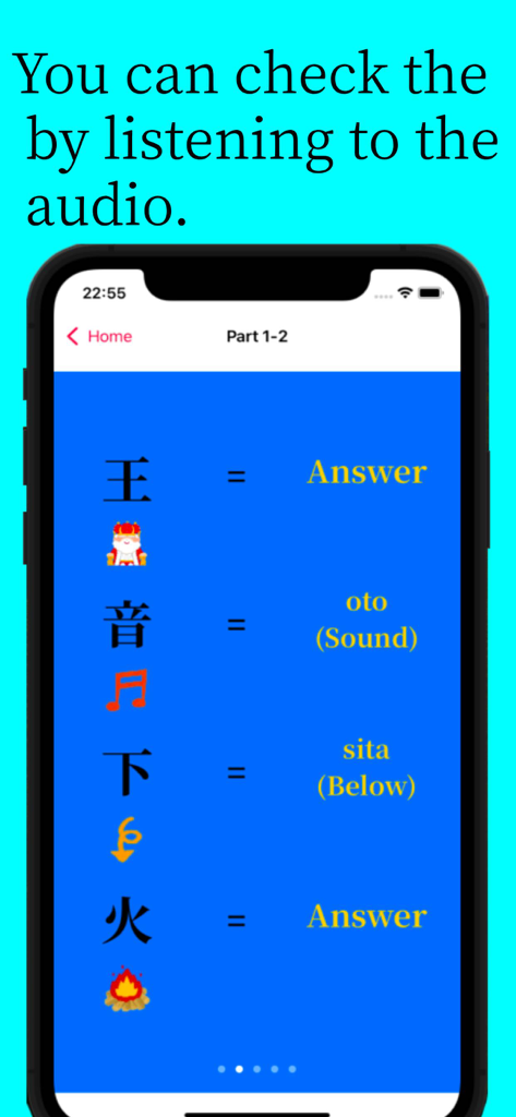 Japanese Kanji. - Interface of the Japanese Kanji app showing characters with their meanings and icons for visual learning
