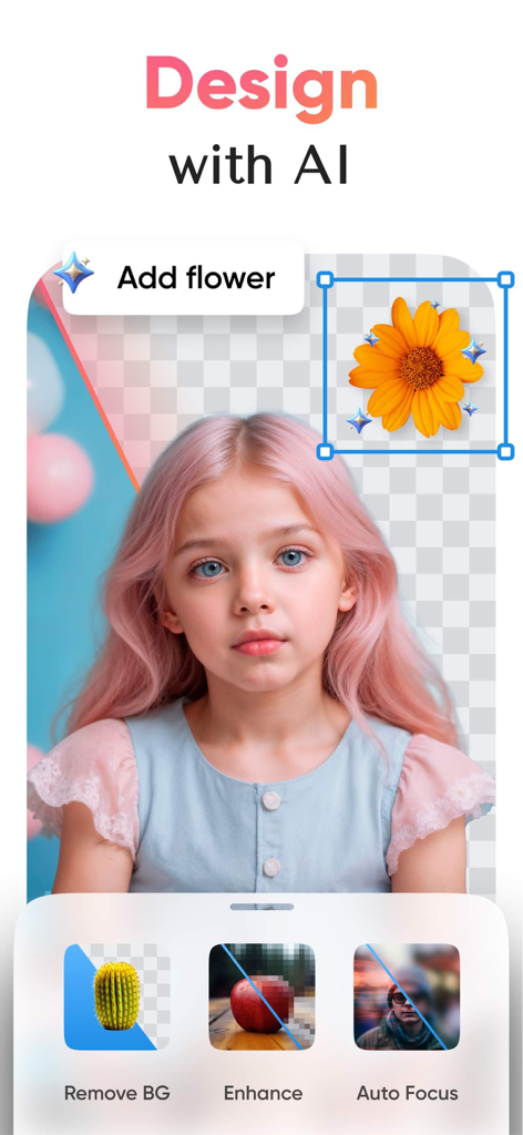 Flyer AI. Poster design maker - Interfaccia dell'app Flyer AI che dimostra funzionalità di design e fotoritocco AI