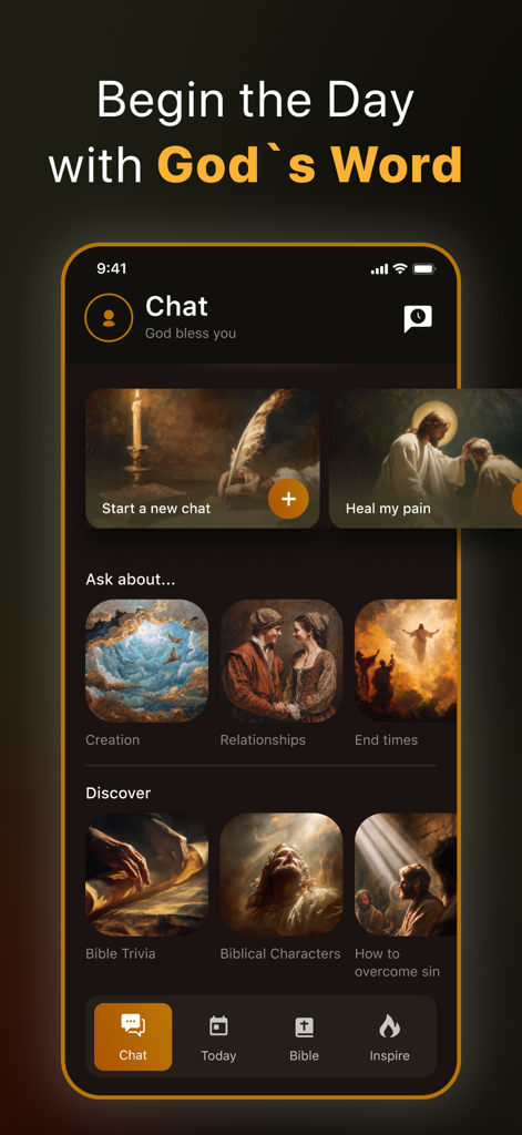 Interface of the Bible Chat AI app showing different conversation topics like Creation Relationships and End Times