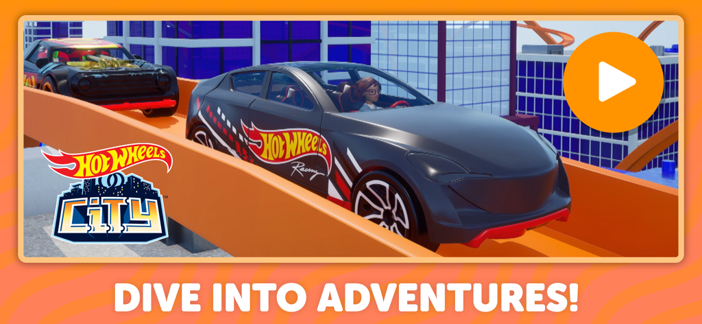 Coches de Hot Wheels en una pista de carreras con el texto Sumérgete en Aventuras