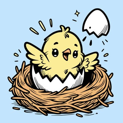 a baby chick hatching from an egg in a nest