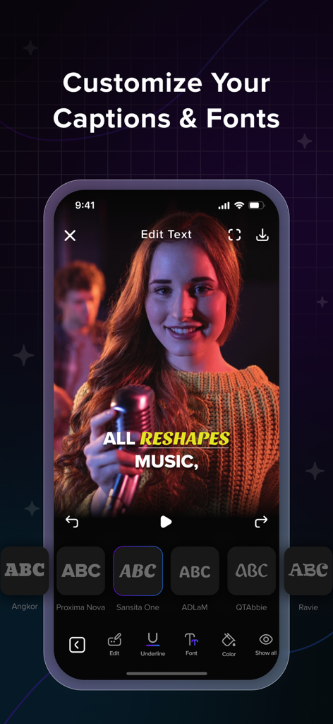 Mobile app interface showing options to customize fonts and styles for video captions.