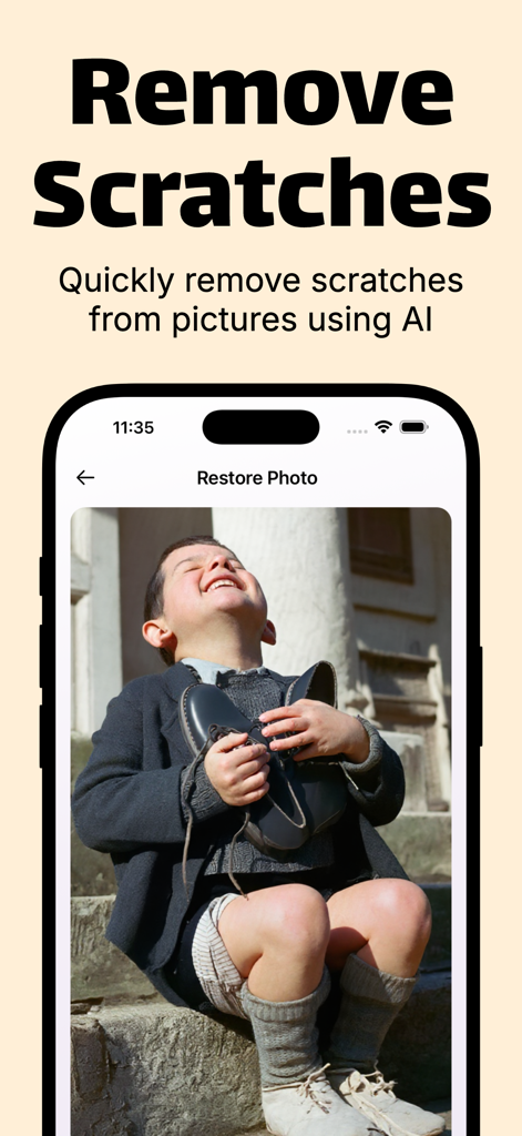 Restore Old Photos: ReMemory - App interface showing a restored vintage photo of a boy with text explaining AI scratch removal