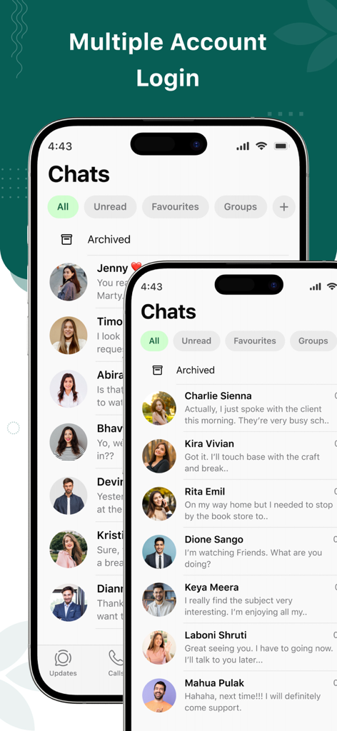 Two mobile phones showing the multiple account login interface for dual messaging accounts