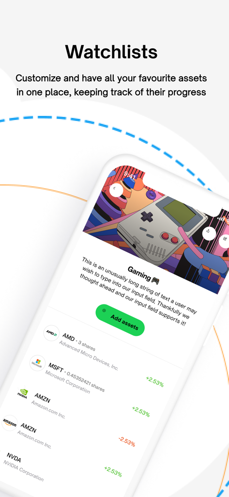 Trove - Investing, simplified - Trove app screen displaying a custom stock watchlist for gaming assets with real time price tracking