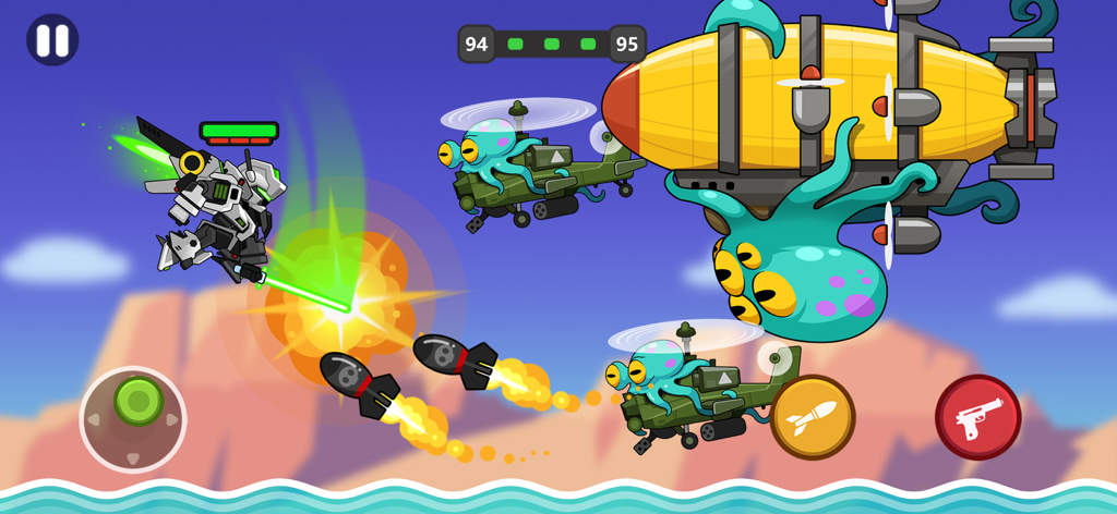 Mech Warrior: Battle Game - A white mech warrior attacking alien octopuses in helicopters and a large airship using a green energy sword.