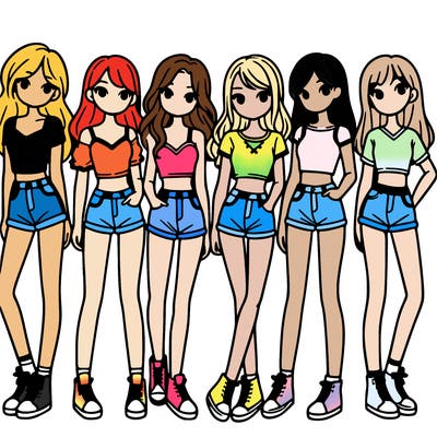 a group of girls wearing crop tops and shorts