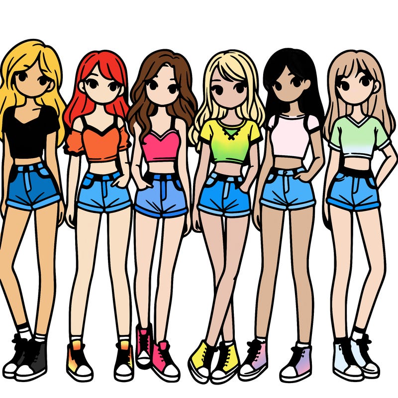 a group of girls wearing crop tops and shorts