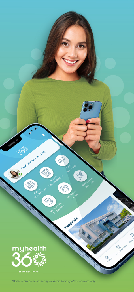A woman holding a smartphone displaying the MyHealth360 Malaysia app home screen with healthcare management tools.