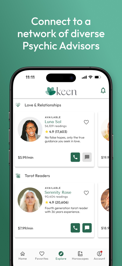 Keen Psychic Reading & Tarot - Interface of the Keen app displaying a list of available psychic and tarot advisors