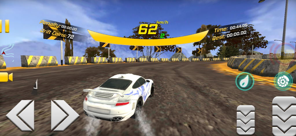 Real Drift Racer : Car Game - Um carro esportivo branco realizando um drift em uma pista de corrida 3D com controles na tela