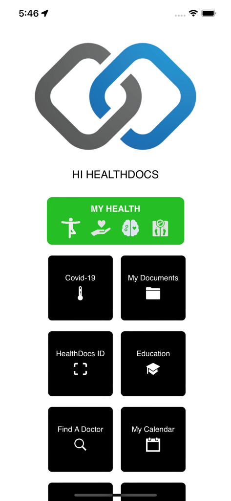 LifeData - Main menu of the LifeData app featuring tiles for health records, medical documents, and finding a doctor