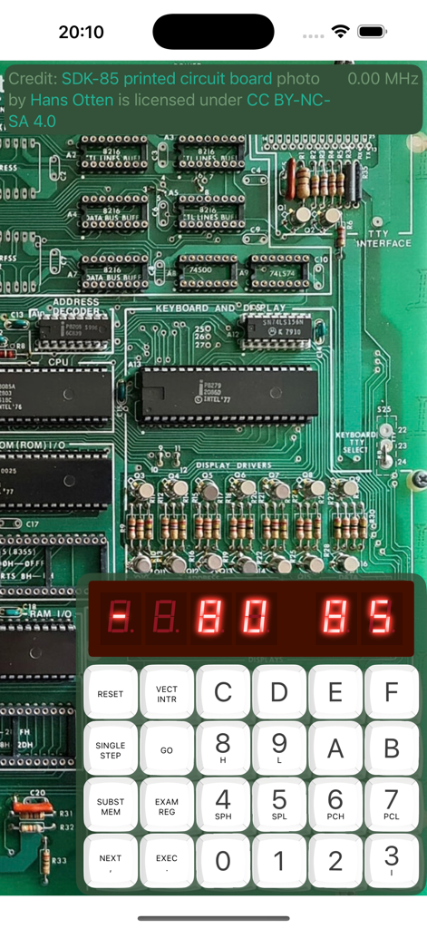 SDK85 - SDK85 app interface showing a hexadecimal keypad and seven segment display over an Intel 8085 circuit board background