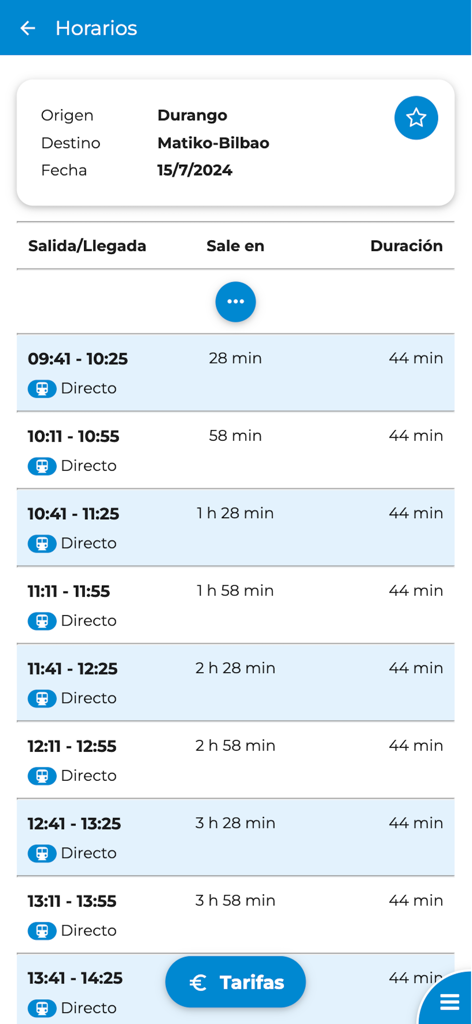 Euskal Tren, Metro y Tranvía - Interfaz de la aplicación Euskal Tren que muestra horarios de trenes en tiempo real y horas de llegada