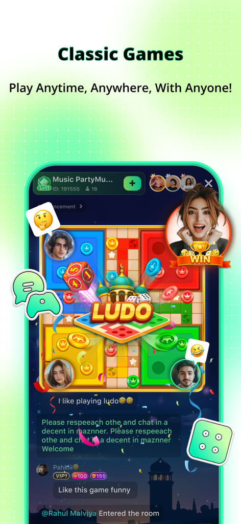 Hiyoo - Podcast & Voice Party - Hiyoo app interface showing users playing a classic Ludo game while interacting in a voice chat room