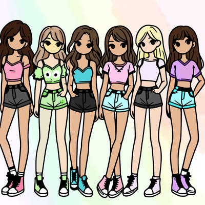 a group of girls wearing crop tops and shorts