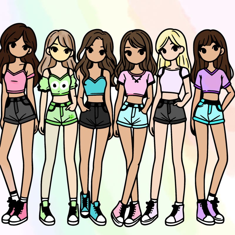 a group of girls wearing crop tops and shorts