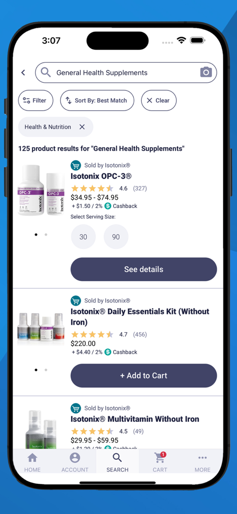 Search results for health supplements in the SHOP.COM app showing cashback rewards and Isotonix products