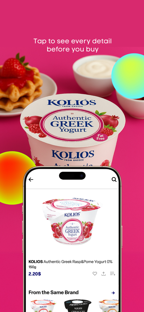 noknok - ONE TOUCH. - A product detail screen in the noknok app displaying Greek yogurt with pricing and branding
