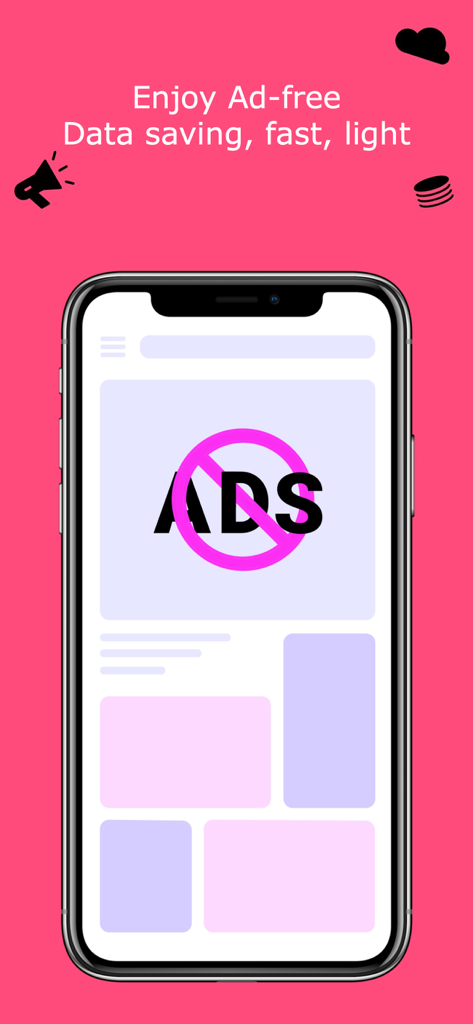 Interface do Phoenix Browser mostrando o bloqueador de anúncios integrado e recursos de economia de dados em um fundo rosa