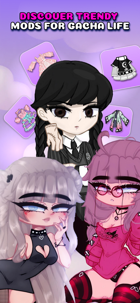 Three stylized Gacha characters showing off trendy mods and outfits