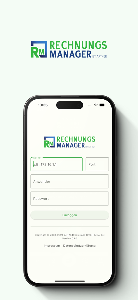 RechnungsManager - Anmeldebildschirm für die RechnungsManager mobile Rechnungsmanagement-App auf einem iPhone