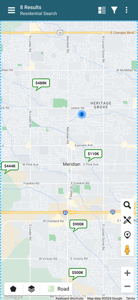 Map view showing residential property listings with price tags in the Collaboration Center app.