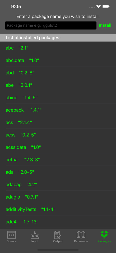 R Programming Compiler - A list of installed R packages and an install field within the R Programming Compiler app