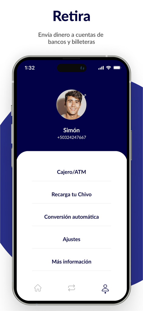 Chivo Wallet mobile app interface showing user profile and withdrawal options like ATM and bank transfers