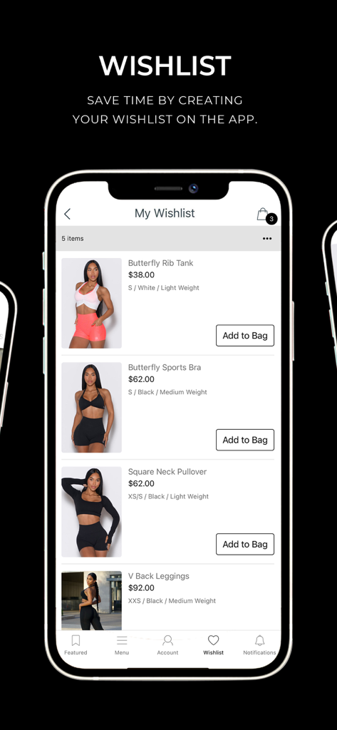 Bombshell Sportswear. - Screenshot of the Bombshell Sportswear mobile app wishlist screen showing various activewear items like tanks and leggings with add to bag options