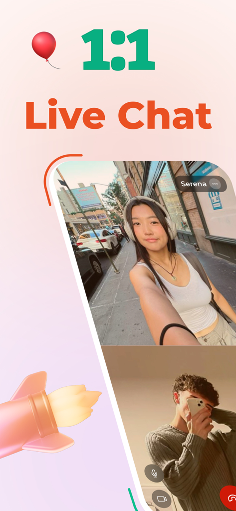 Split screen view of a one on one live video chat between a young woman and a young man in the OMG app