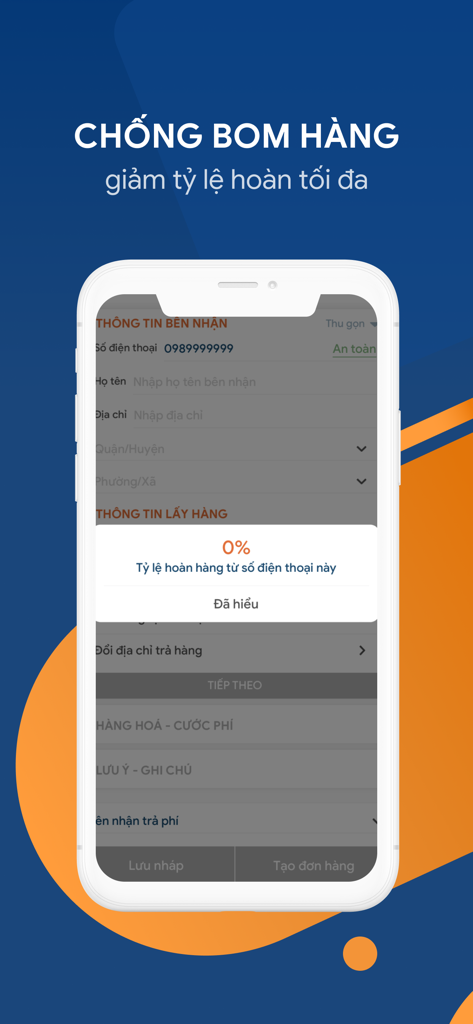 GHN app interface showing the anti-scam feature with return rate statistics for a phone number