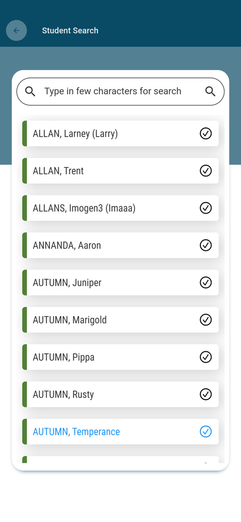 A student search screen in the FACTS School App displaying a list of student names and a search bar.