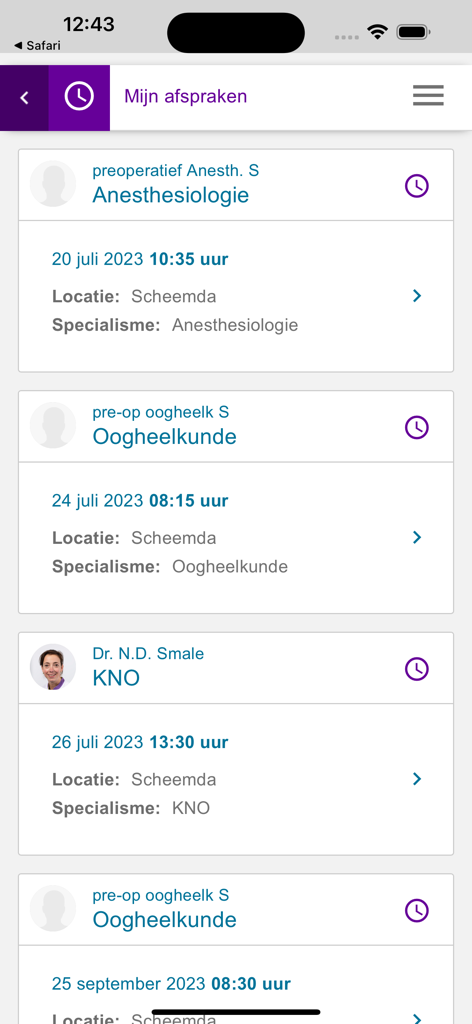 A list of upcoming medical appointments in the Mijn Ommelander app including dates times and departments